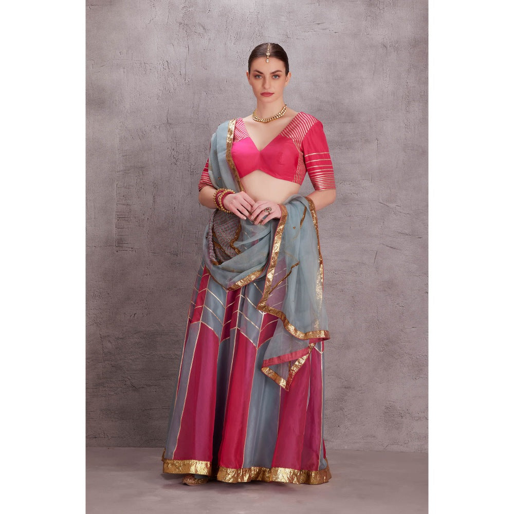 Janki India Ice Blue & Hot Pink Organza Sharara with Blouse & Dupatta (Set of 3)