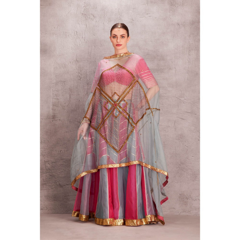 Janki India Ice Blue & Hot Pink Organza Sharara with Blouse & Dupatta (Set of 3)
