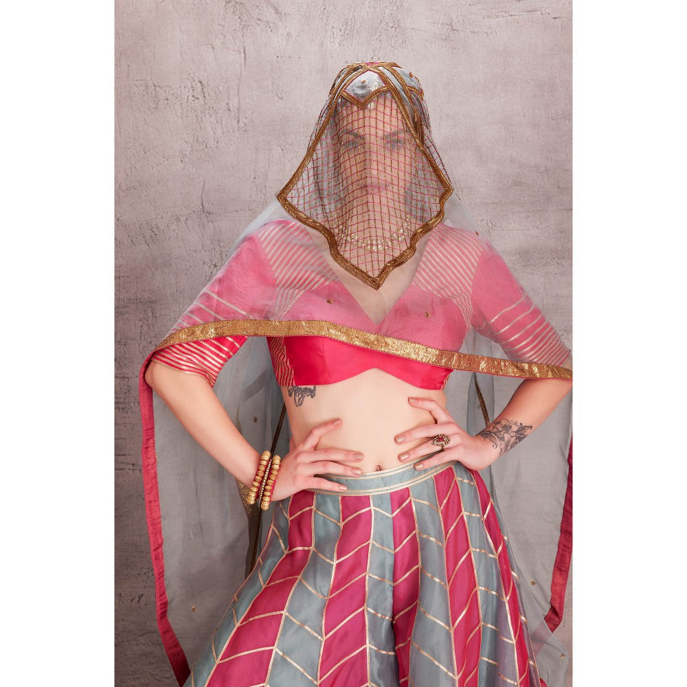 Janki India Ice Blue & Hot Pink Organza Sharara with Blouse & Dupatta (Set of 3)