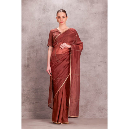 Janki India Floral & Cut Dana Work Brown Organza Saree with Stitched Blouse & Underskirt