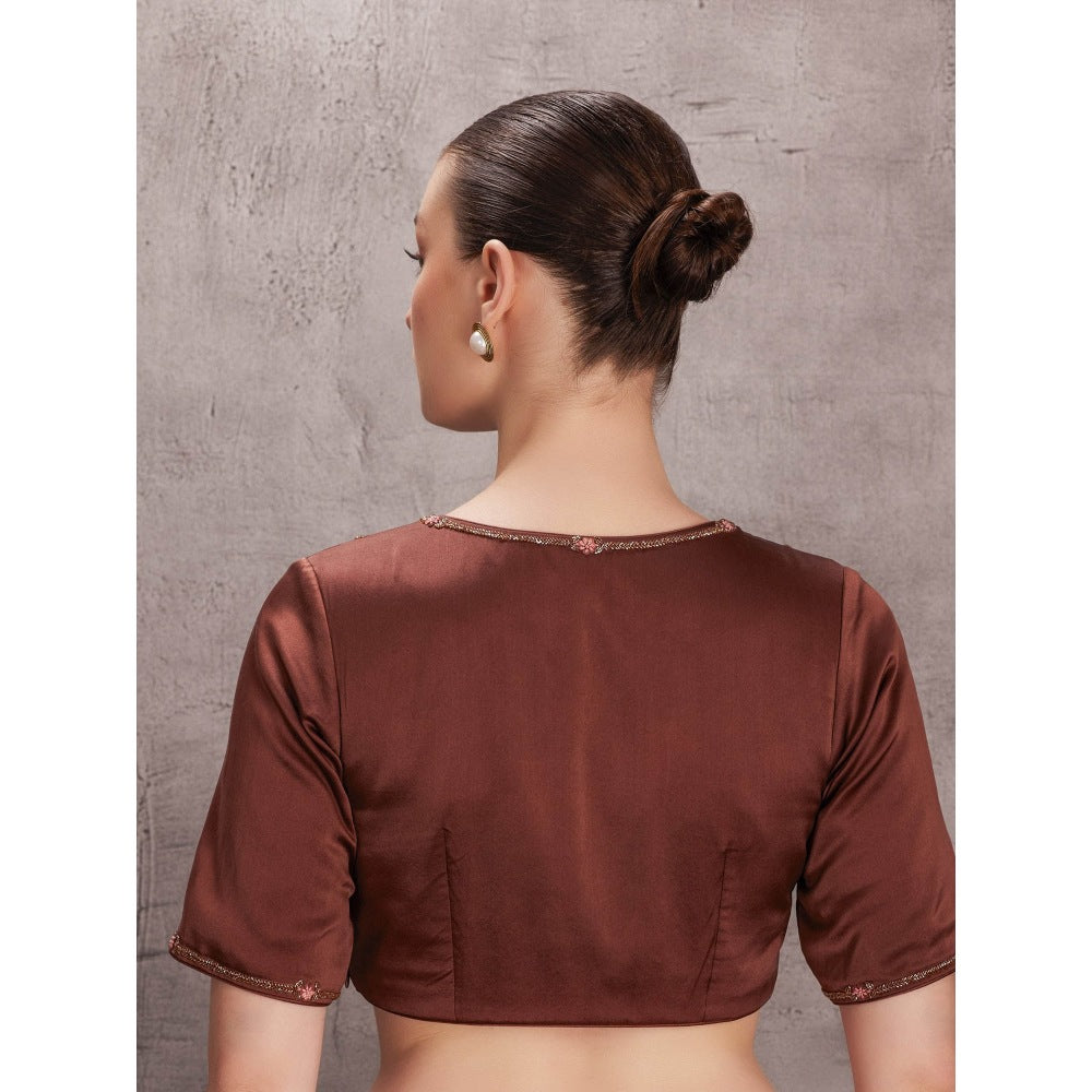 Janki India Floral & Cut Dana Work Brown Organza Saree with Stitched Blouse & Underskirt