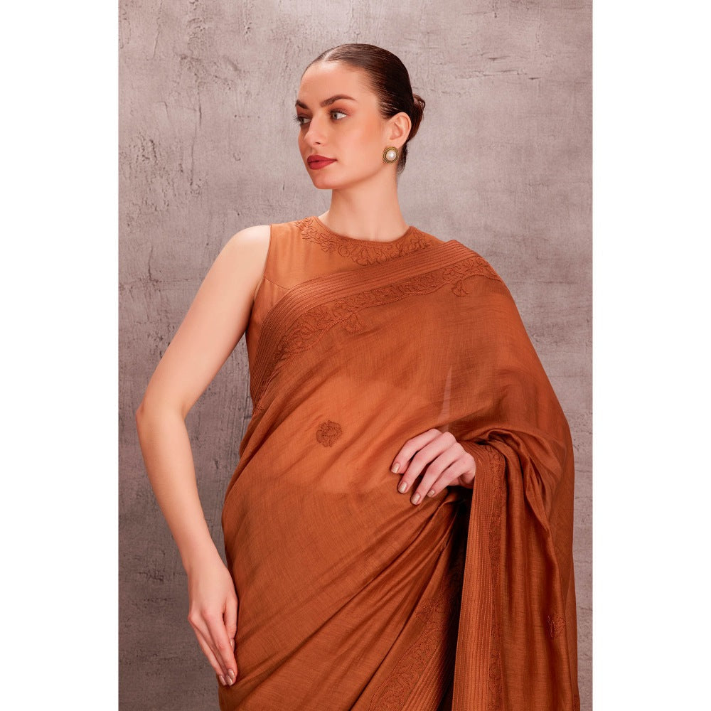 Janki India Womens Embroidery Brown Chanderi Saree with Stitched Blouse & Underskirt