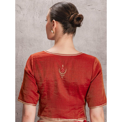 Janki India Womens Embellished Orange Chiffon Saree with Stitched Blouse & Underskirt