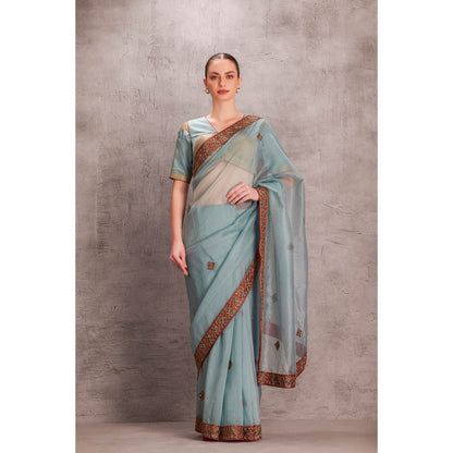 Janki India Sky Blue Saree with Full Border & Handwork with Stitched Blouse & Underskirt