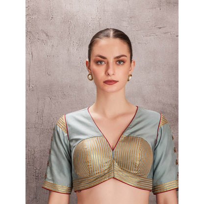 Janki India Sky Blue Saree with Full Border & Handwork with Stitched Blouse & Underskirt