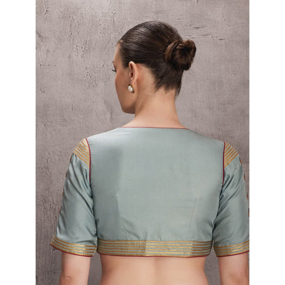 Janki India Sky Blue Saree with Full Border & Handwork with Stitched Blouse & Underskirt