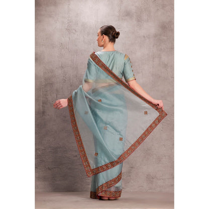 Janki India Sky Blue Saree with Full Border & Handwork with Stitched Blouse & Underskirt