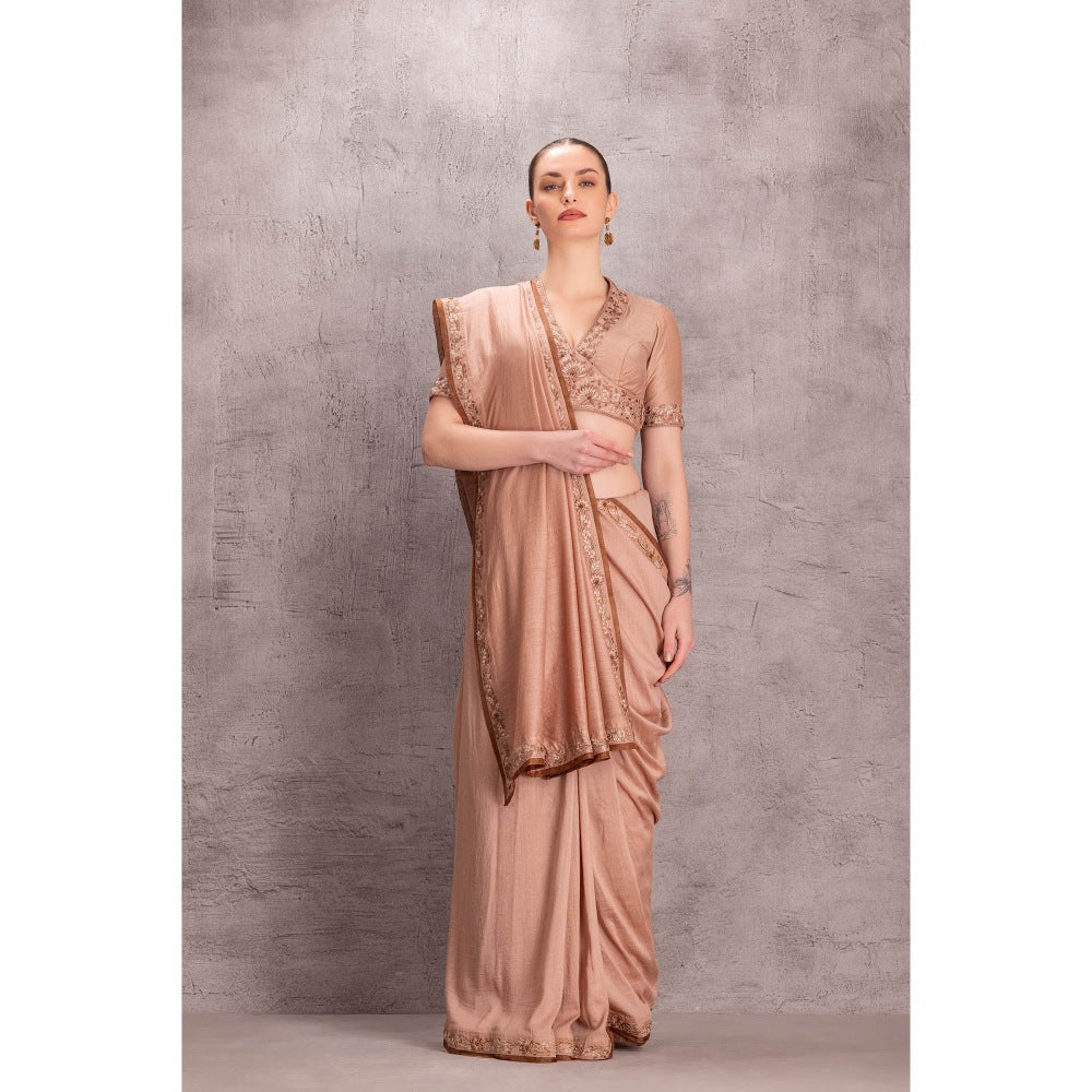 Janki India Womens Embroidered Muga Silk Saree with Stitched Blouse & Underskirt