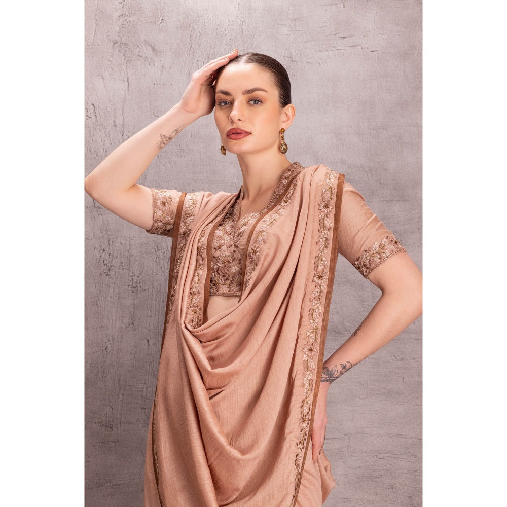 Janki India Womens Embroidered Muga Silk Saree with Stitched Blouse & Underskirt