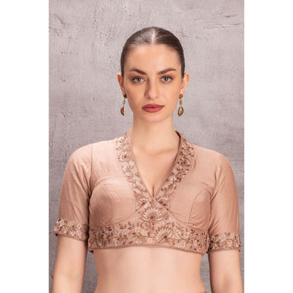 Janki India Womens Embroidered Muga Silk Saree with Stitched Blouse & Underskirt