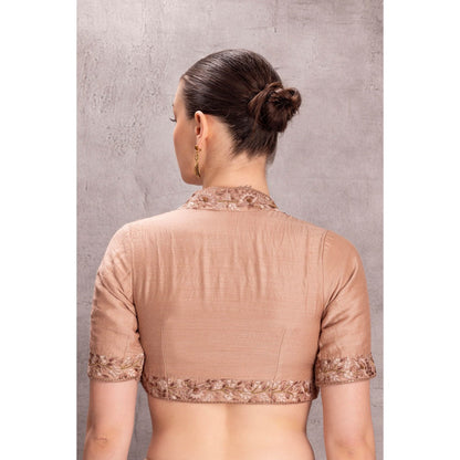 Janki India Womens Embroidered Muga Silk Saree with Stitched Blouse & Underskirt