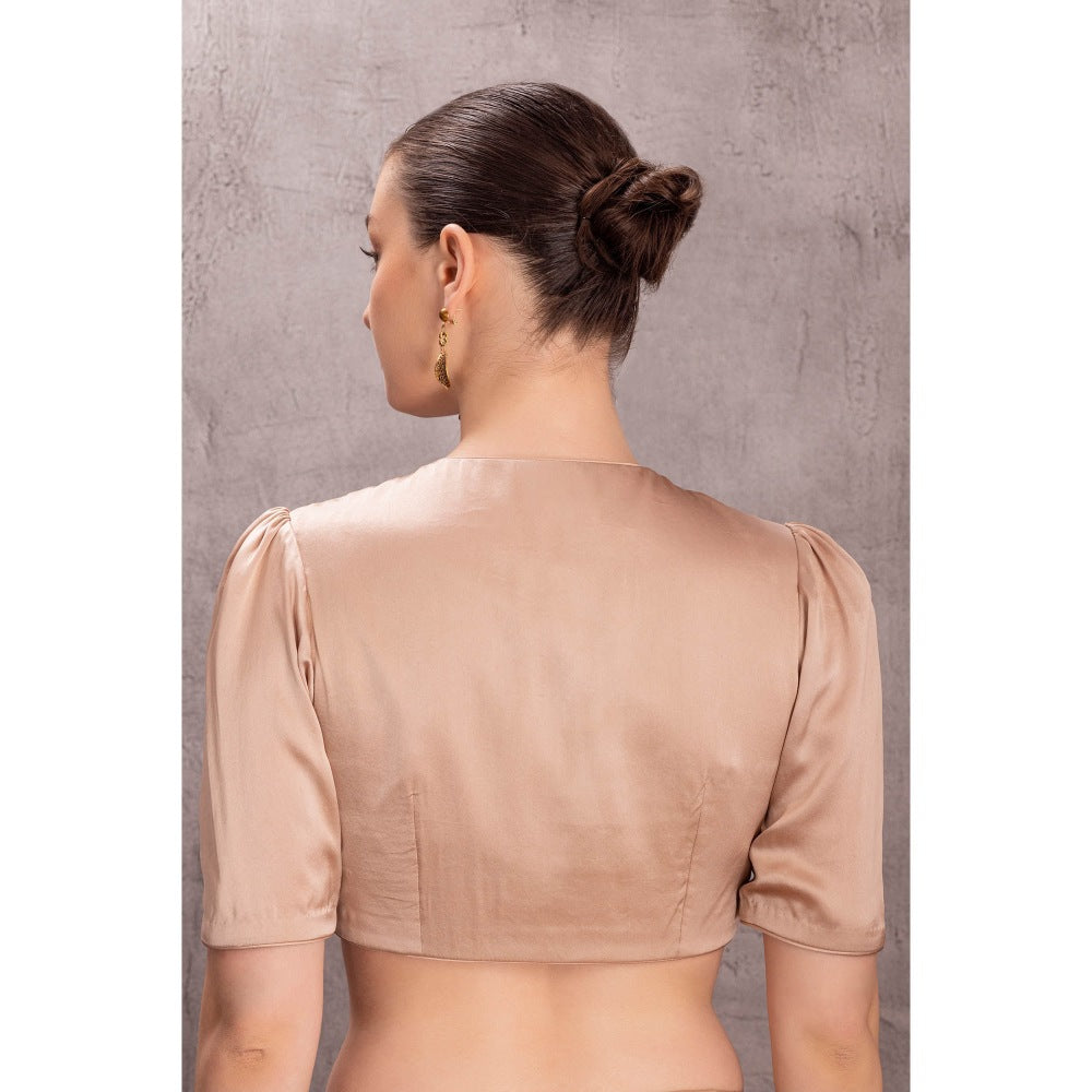 Janki India Women Embellished Pure Silk Rose Gold Saree with Stitched Blouse & Underskirt