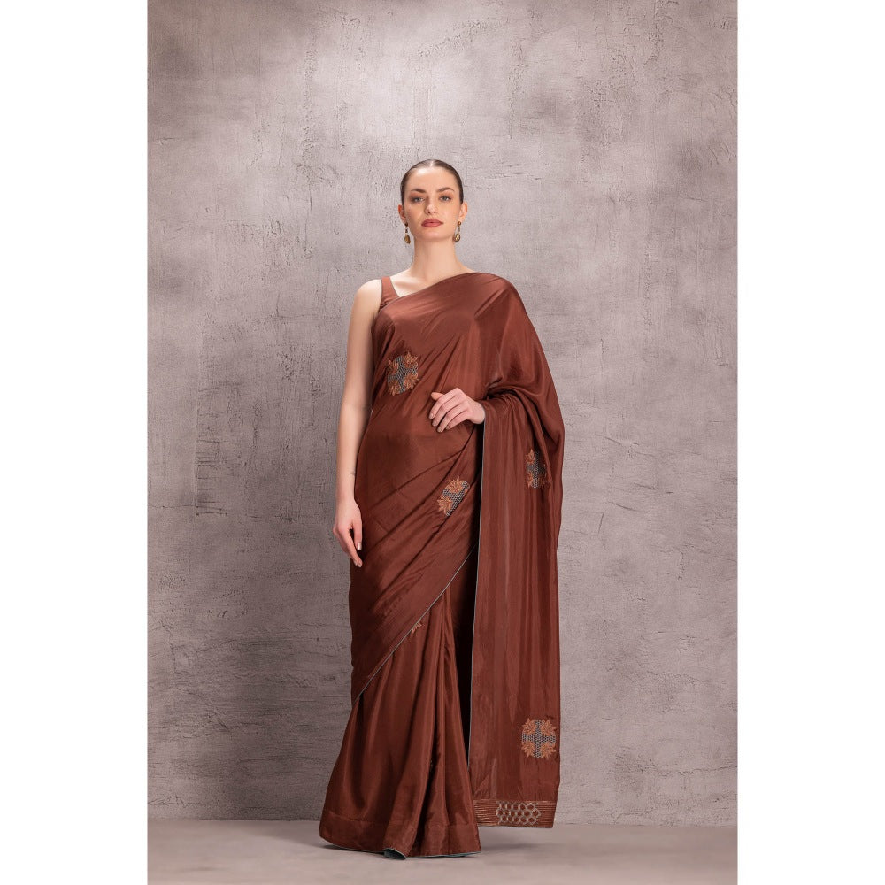 Janki India Womens Floral Embroidered Brown Silk Saree with Stitched Blouse & Underskirt