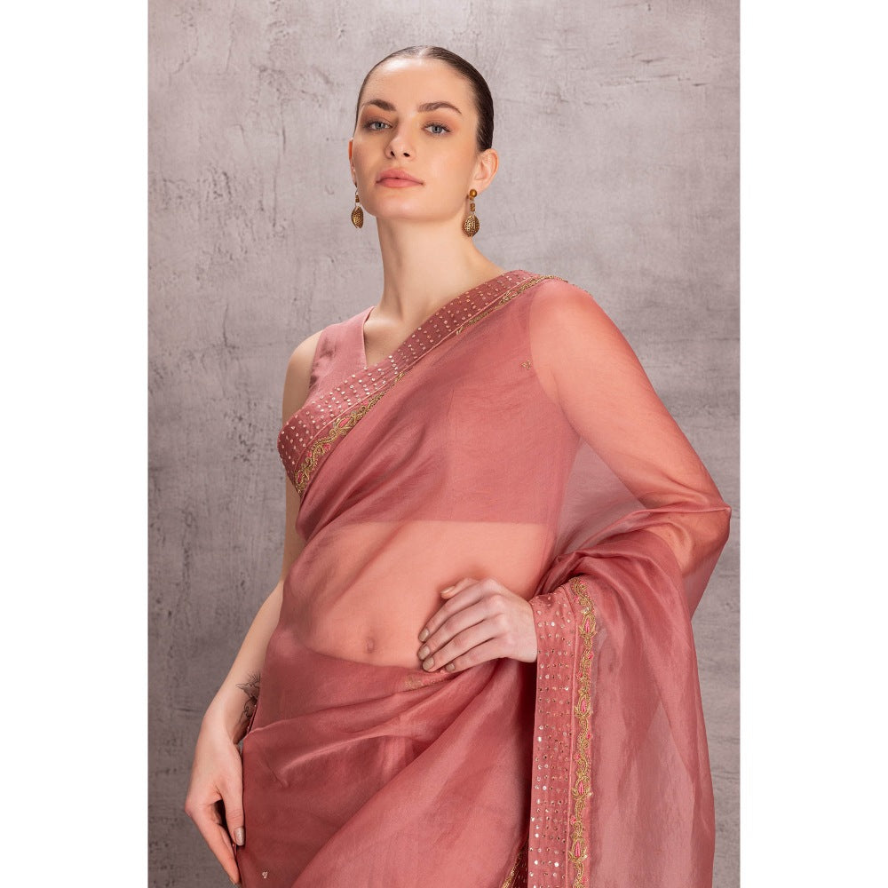 Janki India Womens Embroidered Pink Organza Saree with Stitched Blouse & Underskirt