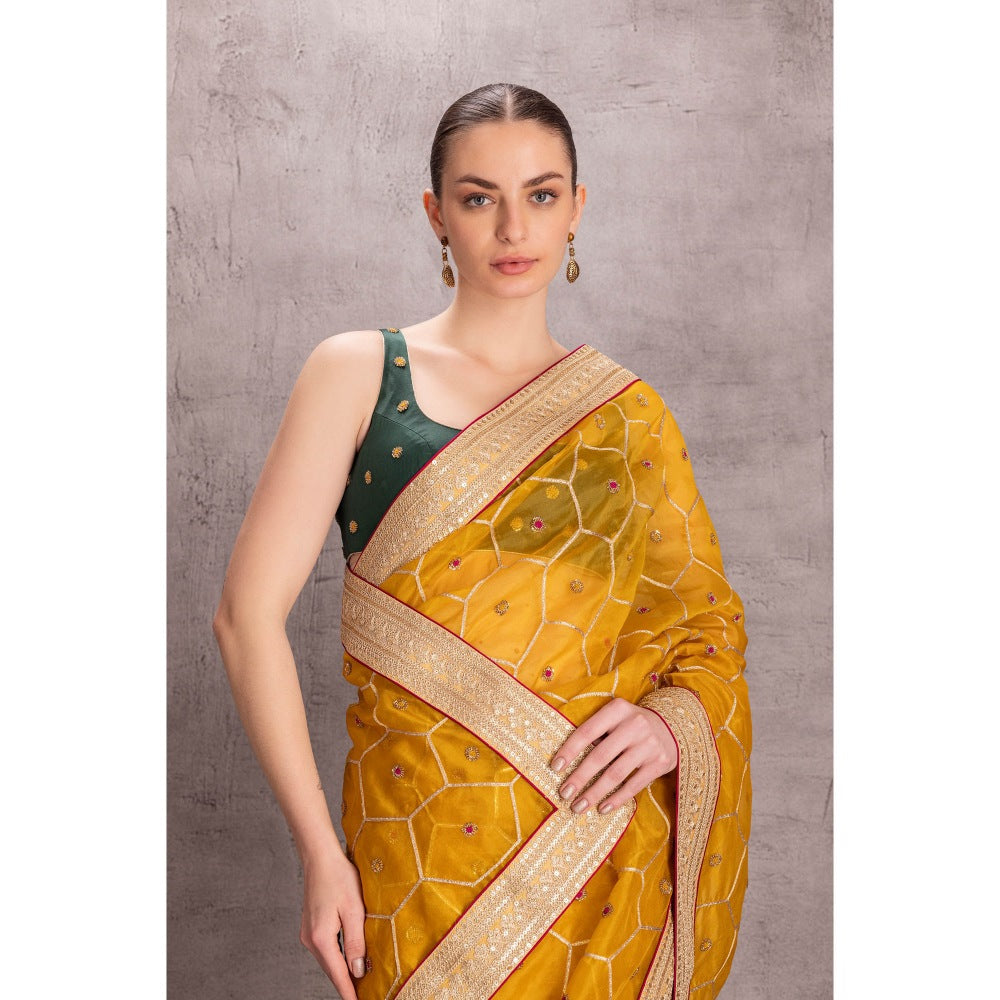 Janki India Womens Embellished Yellow Organza Saree with Stitched Blouse & Underskirt