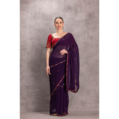 Janki India Womens Embellished Purple Georgette Saree with Stitched Blouse & Underskirt