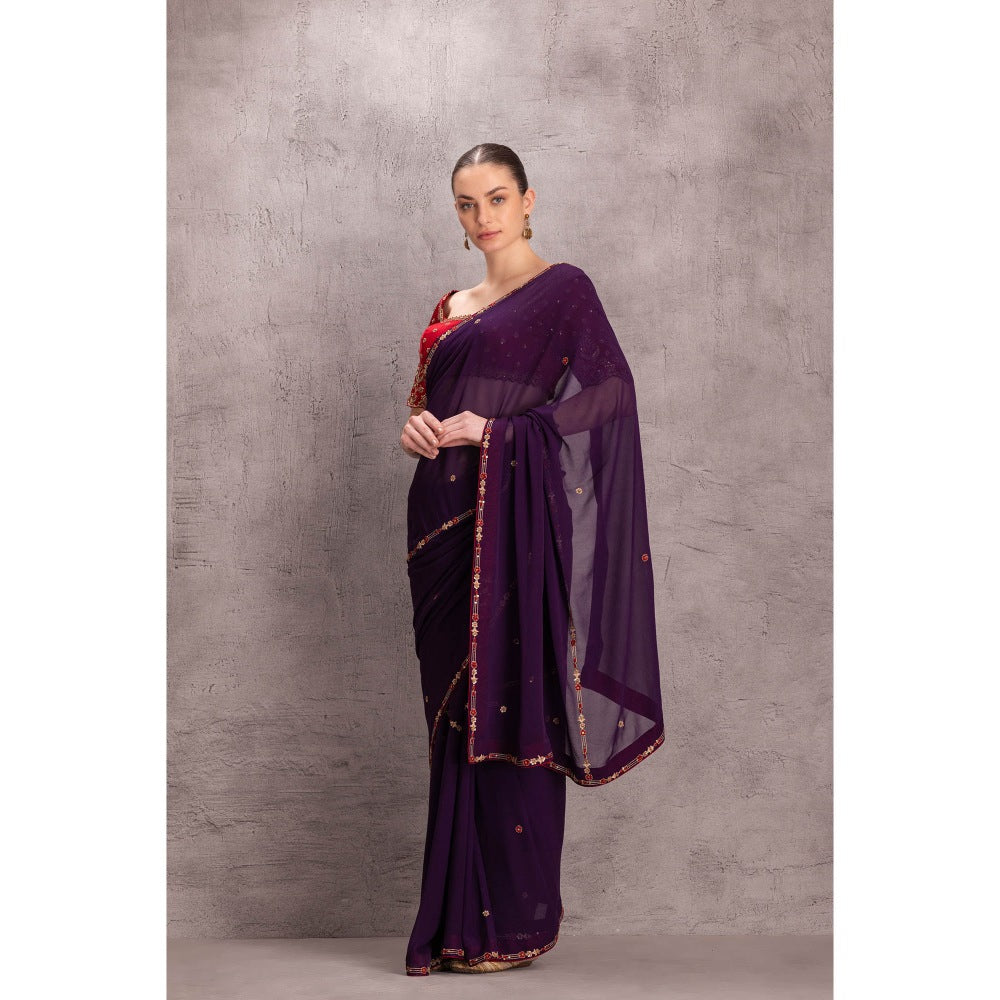 Janki India Womens Embellished Purple Georgette Saree with Stitched Blouse & Underskirt