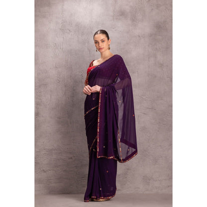 Janki India Womens Embellished Purple Georgette Saree with Stitched Blouse & Underskirt