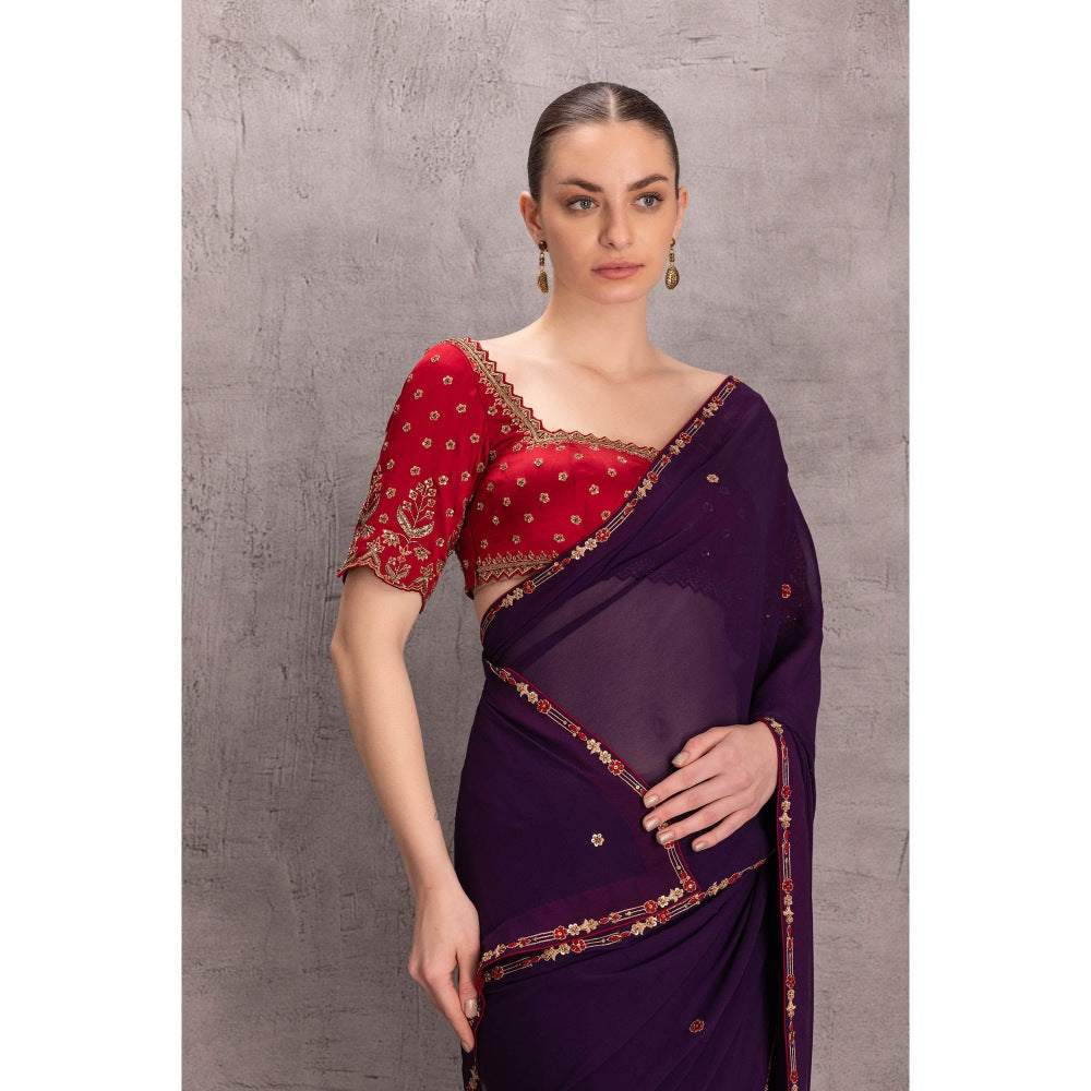 Janki India Womens Embellished Purple Georgette Saree with Stitched Blouse & Underskirt