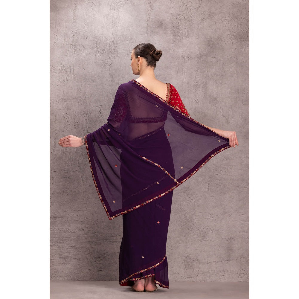Janki India Womens Embellished Purple Georgette Saree with Stitched Blouse & Underskirt