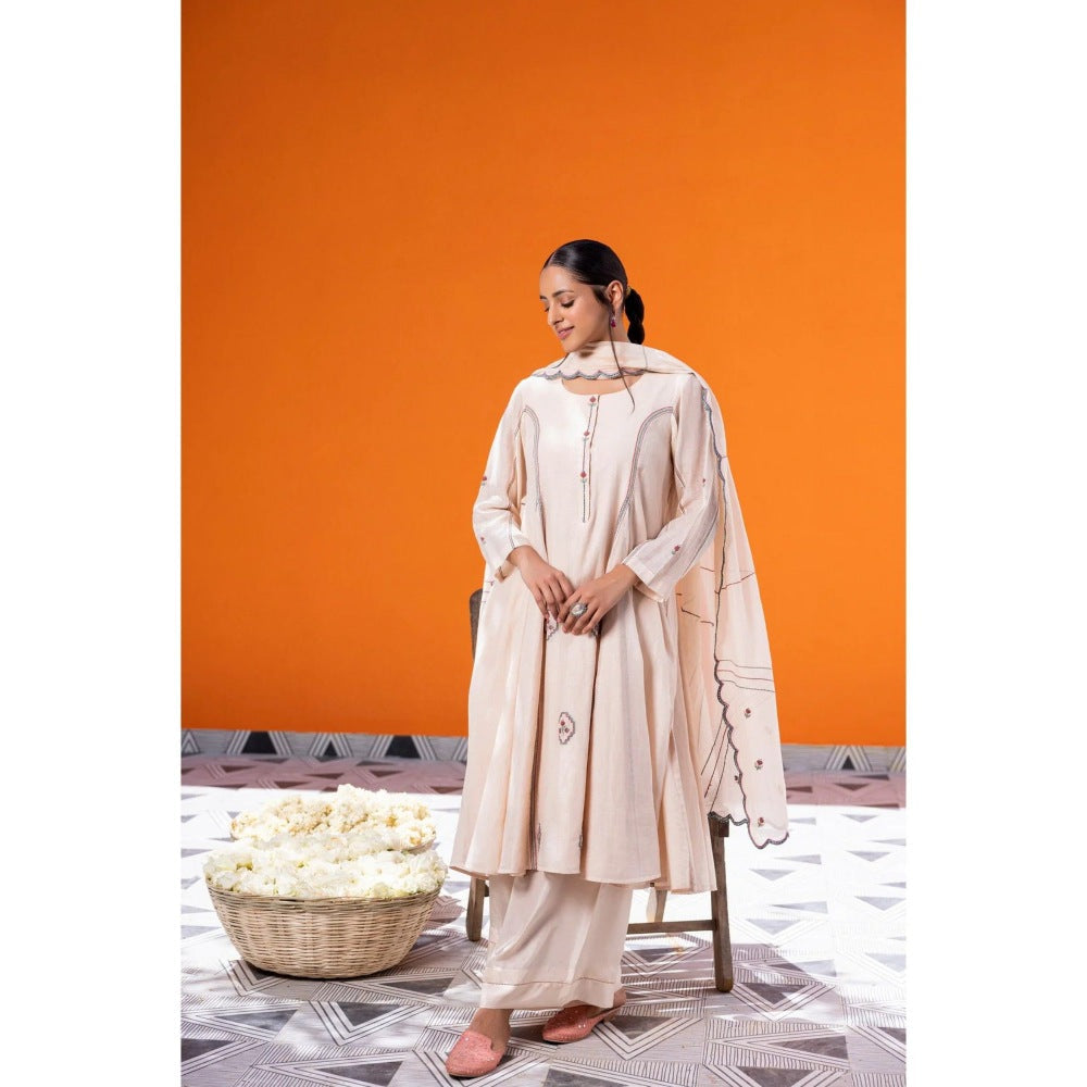 Janki India Ivory Chanderi Embroidered Kurta with Palazzo and Dupatta (Set of 3)