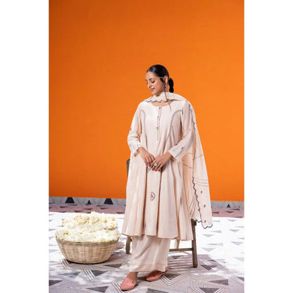 Janki India Ivory Chanderi Embroidered Kurta with Palazzo and Dupatta (Set of 3)