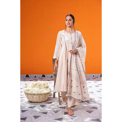 Janki India Ivory Chanderi Embroidered Kurta with Palazzo and Dupatta (Set of 3)