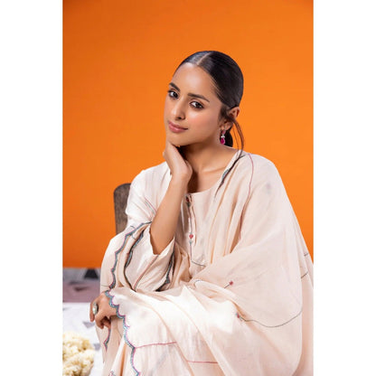 Janki India Ivory Chanderi Embroidered Kurta with Palazzo and Dupatta (Set of 3)