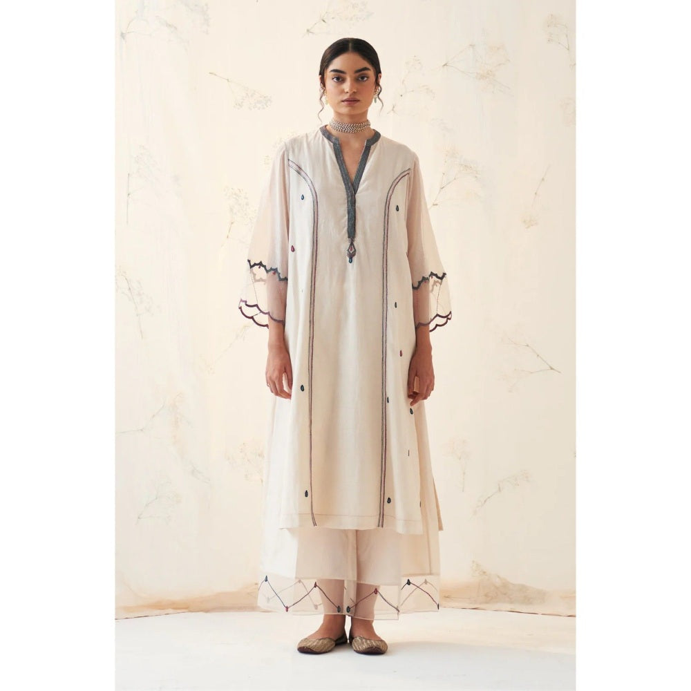 Janki India Ivory Chanderi Paisley Kurta With Palazzo (Set of 2)