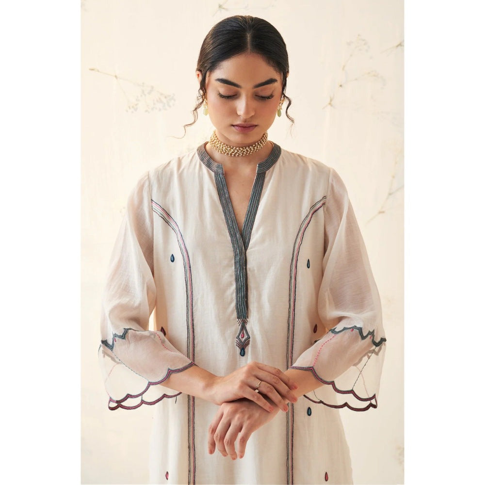 Janki India Ivory Chanderi Paisley Kurta With Palazzo (Set of 2)