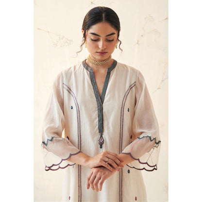 Janki India Ivory Chanderi Paisley Kurta With Palazzo (Set of 2)