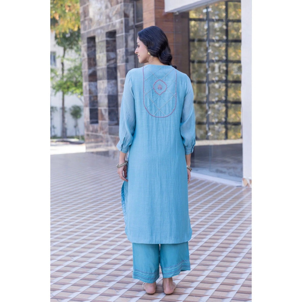 Janki India Sky Blue Chanderi Kurta with Palazzo and Dupatta (Set of 3)