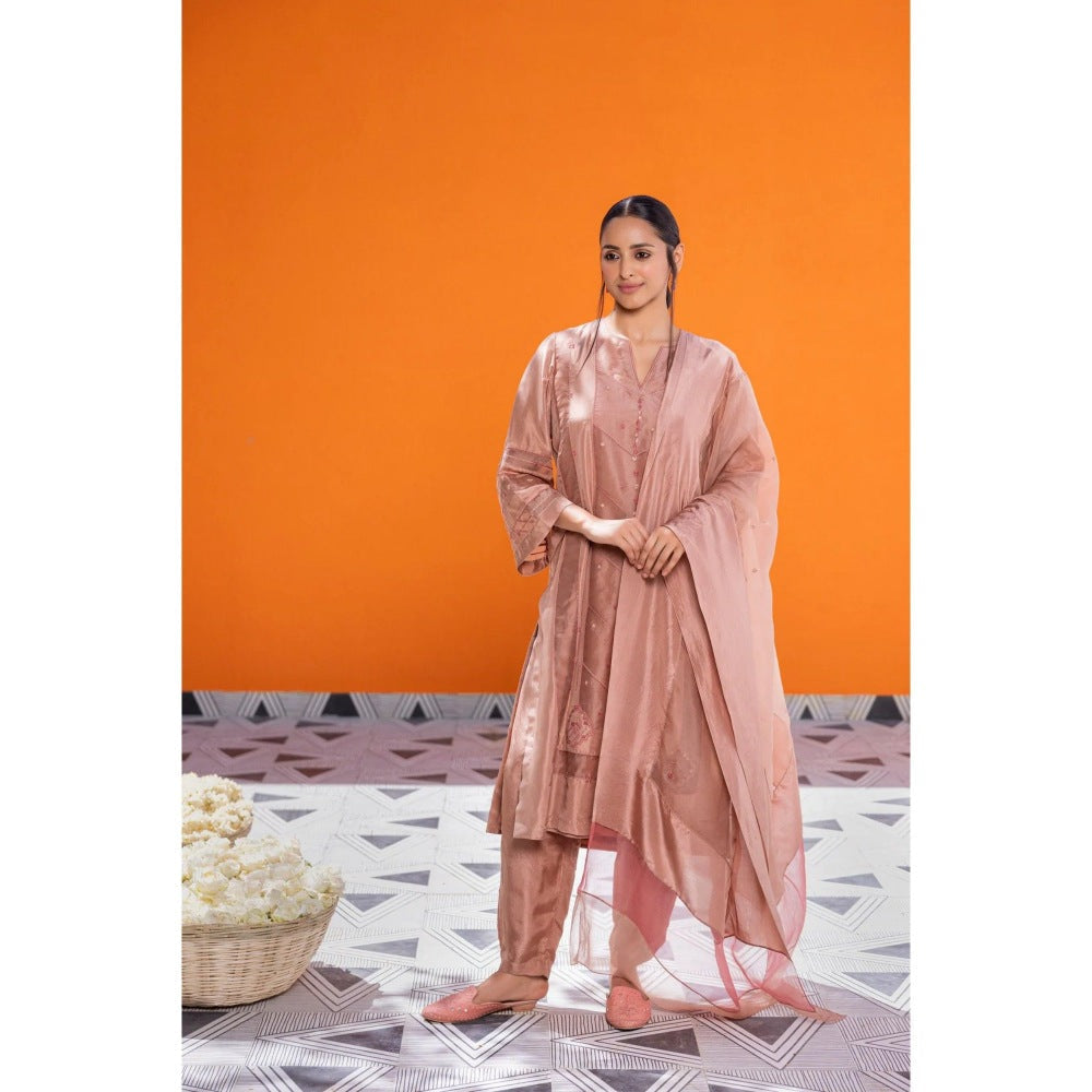 Janki India Rose Gold Silk Embroidered Kurta with Pant and Dupatta (Set of 3)