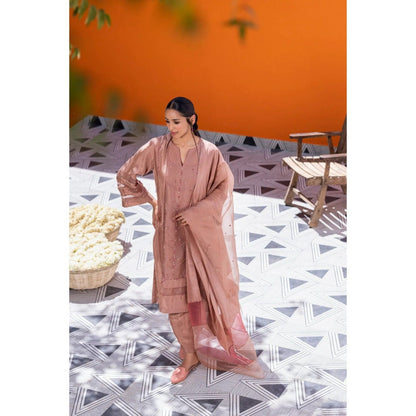 Janki India Rose Gold Silk Embroidered Kurta with Pant and Dupatta (Set of 3)