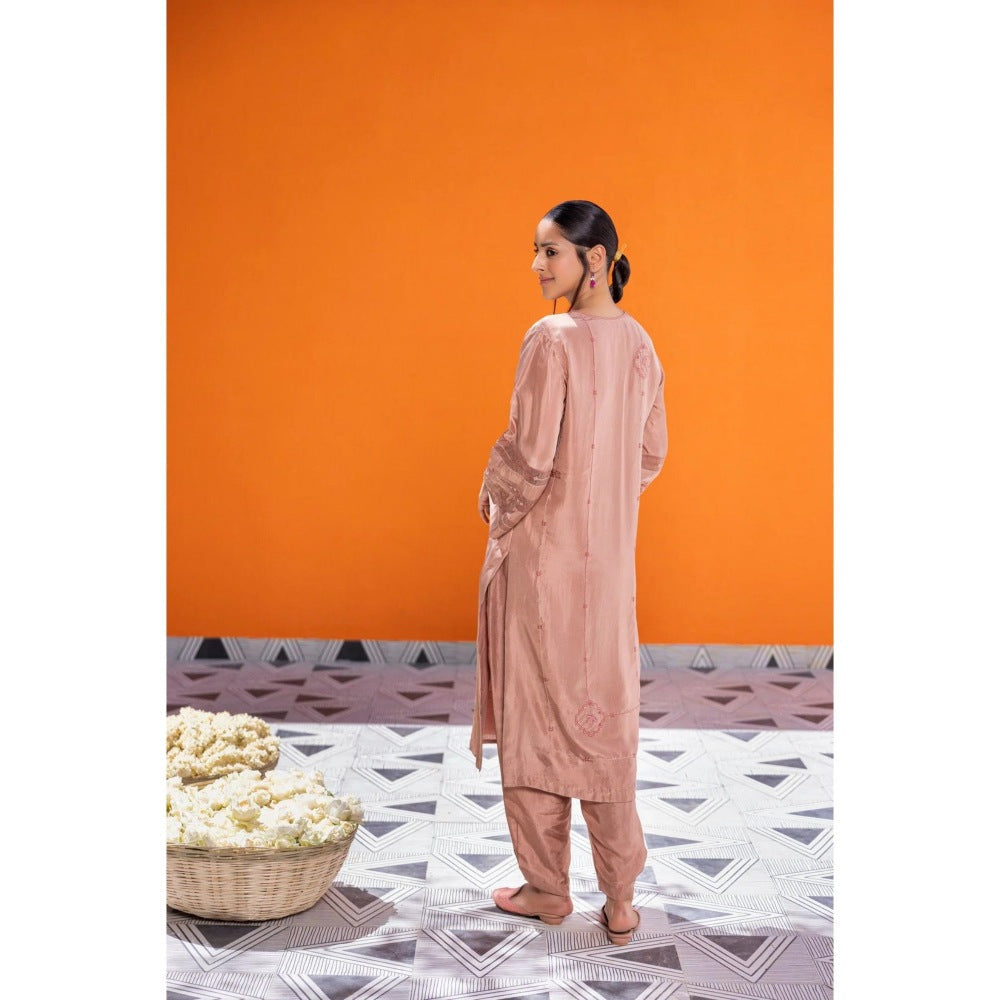 Janki India Rose Gold Silk Embroidered Kurta with Pant and Dupatta (Set of 3)