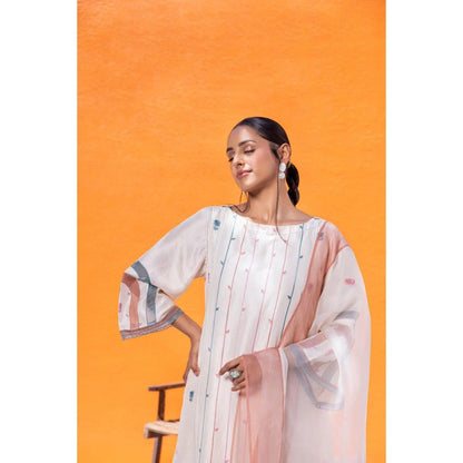 Janki India Ivory Silk Embroidered Kurta with Pant and Dupatta (Set of 3)