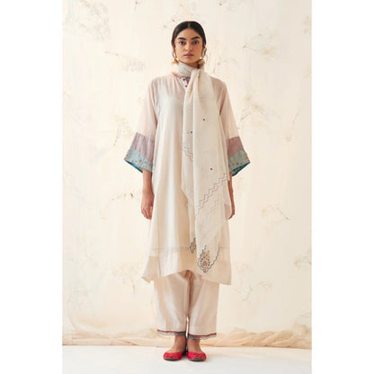 Janki India Ivory Chanderi Organza Kantha Work Kurta With Pant and Dupatta (Set of 3)