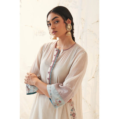 Janki India Ivory Chanderi Organza Kantha Work Kurta With Pant and Dupatta (Set of 3)