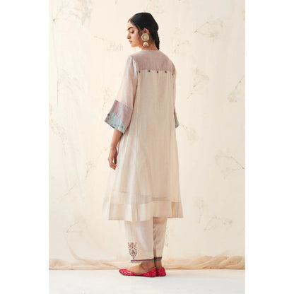 Janki India Ivory Chanderi Organza Kantha Work Kurta With Pant and Dupatta (Set of 3)
