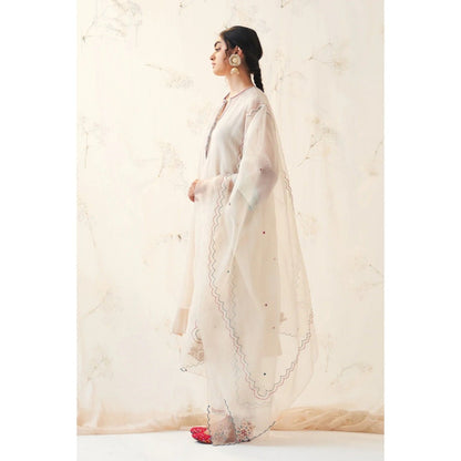 Janki India Ivory Chanderi Organza Kantha Work Kurta With Pant and Dupatta (Set of 3)