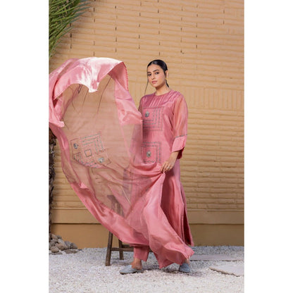 Janki India Mauve Silk Kurta with Pant and Dupatta (Set of 3)