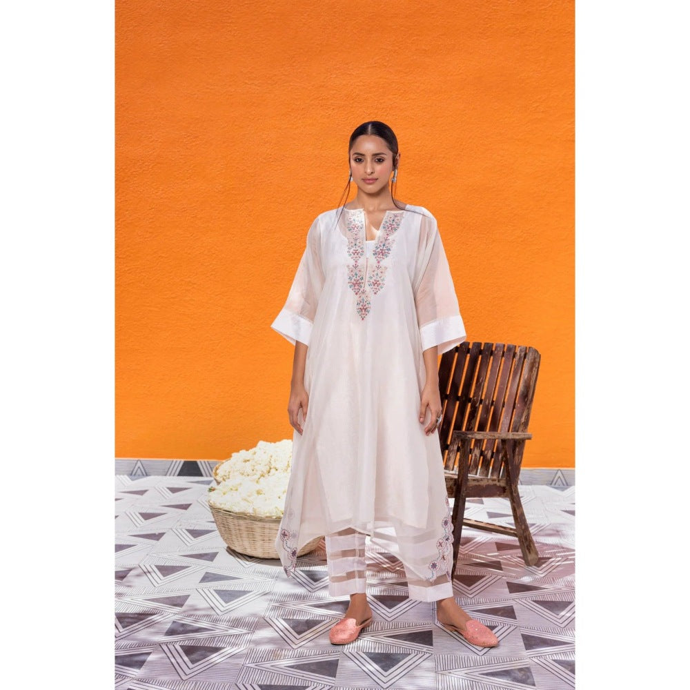 Janki India Ivory Organza Kaftan with Pant and Slip (Set of 3)