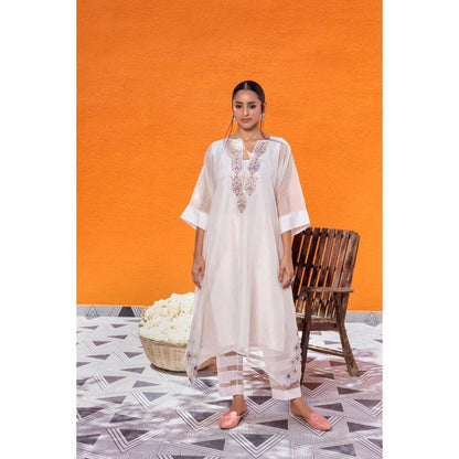 Janki India Ivory Organza Kaftan with Pant and Slip (Set of 3)