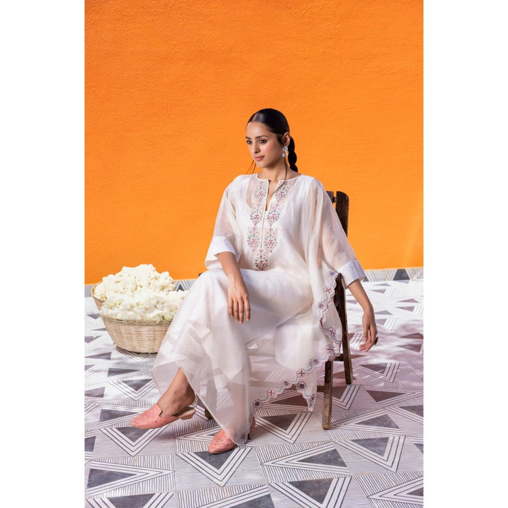 Janki India Ivory Organza Kaftan with Pant and Slip (Set of 3)