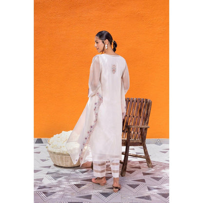 Janki India Ivory Organza Kaftan with Pant and Slip (Set of 3)