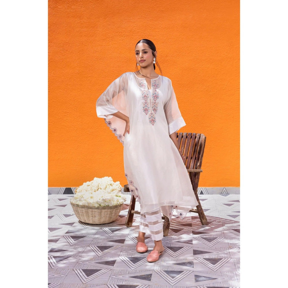Janki India Ivory Organza Kaftan with Pant and Slip (Set of 3)