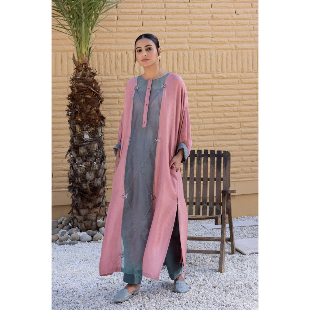 Janki India Baby Pink Organza Silk Kurta with Slip and Pant (Set of 3)