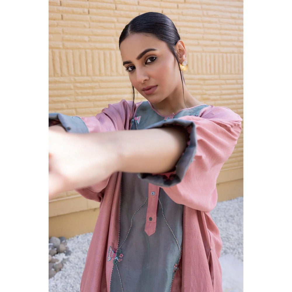 Janki India Baby Pink Organza Silk Kurta with Slip and Pant (Set of 3)