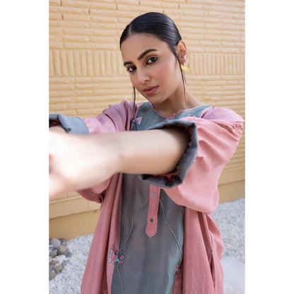 Janki India Baby Pink Organza Silk Kurta with Slip and Pant (Set of 3)