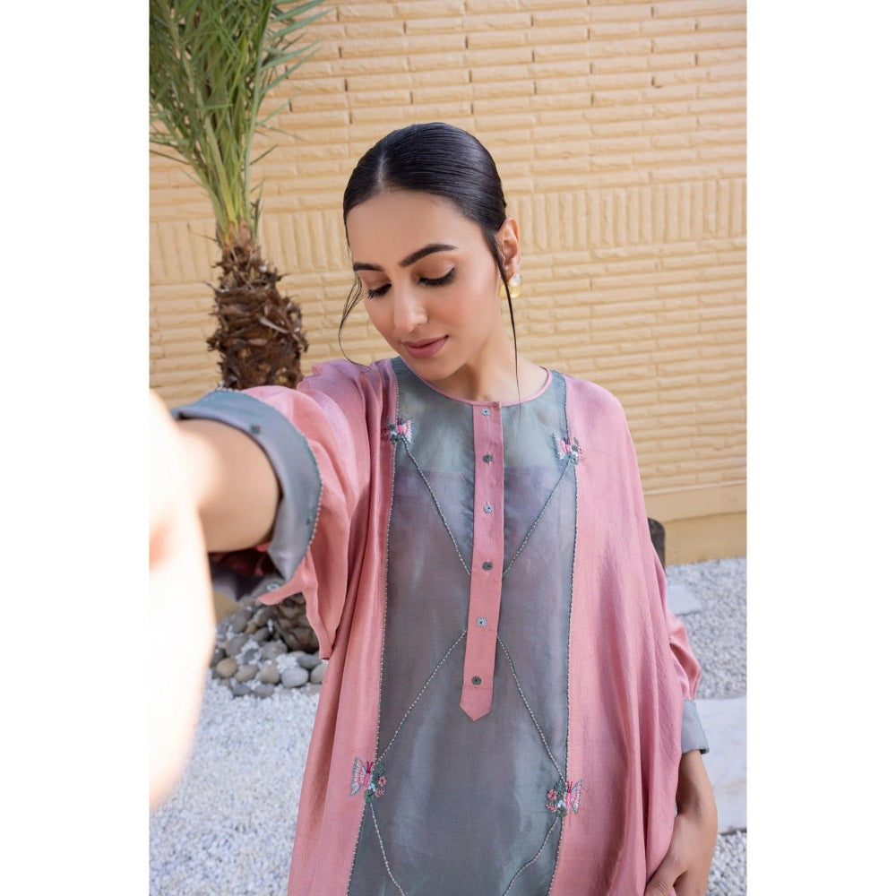 Janki India Baby Pink Organza Silk Kurta with Slip and Pant (Set of 3)
